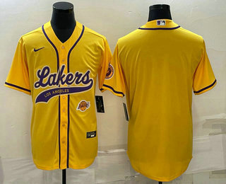 Men%27s Los Angeles Lakers Blank Yellow With Patch Cool Base Stitched Baseball Jersey